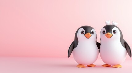 Naklejka premium Penguin duo standing in a playful pose on a vibrant pink backdrop, cozy and cute, embracing a minimal aesthetic.