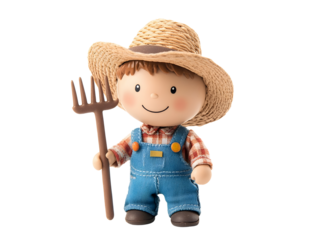 Charming Farm Boy Doll with Straw Hat and Pitchfork Toy Figure