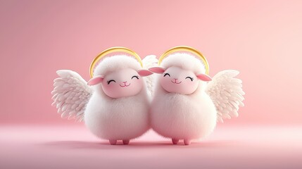 Playful fluffy angel sheep with golden halos, standing together on a smooth pink backdrop, radiating a dreamy and lighthearted feel.