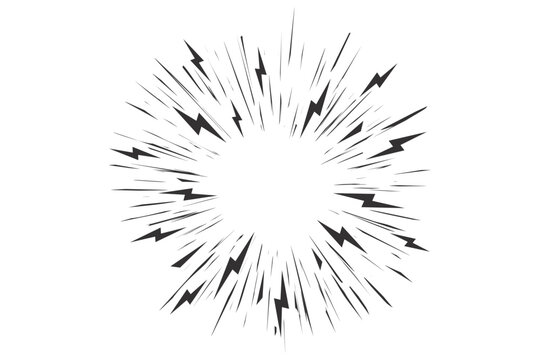 Comic speed lines. Radial manga burst. Vector cartoon action and motion rays with lightnings. Boom effect with perspective. Explosion roar and scream stripes on white background
