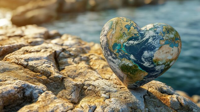 Heart-Shaped Earth Sculpture on Rocky Shore with Ocean Background at Sunset