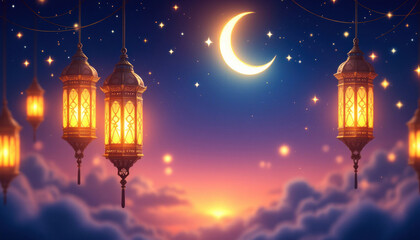Illuminated Lanterns Adorn Night Sky Crescent Moon