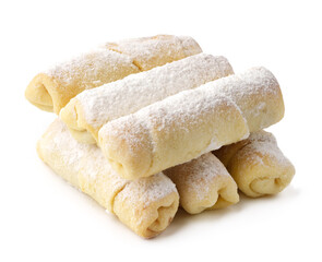 Delicious rolled pastries dusted with powdered sugar on a white background perfect for dessert lovers