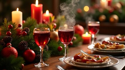 Fototapeta premium An elegant Christmas dinner table with crystal glasses of steaming mulled wine. Candles, pinecones, and festive decor create a warm, refined atmosphere for the holiday feast.