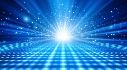Obraz premium Blue light bursts on grid floor, cosmic background, futuristic design