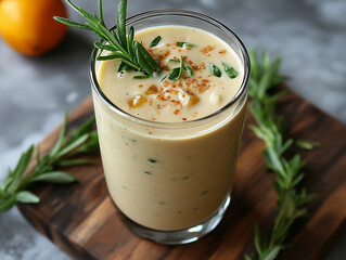 A naturally green herbal cocktail in a glass, captured in a food photo