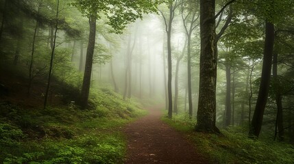 Fototapeta premium Misty forest path, green trees, nature trail, peaceful scene, background greenery, ideal for travel websites
