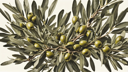 A lush branch of olive tree, laden with ripening olives, showcasing the plant's vibrant green leaves and fruit.