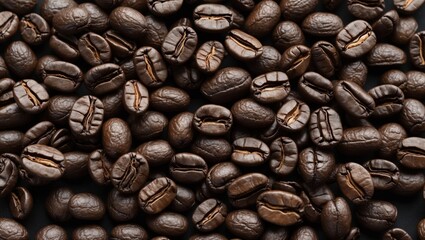 Fototapeta premium close-up of a pile of coffee beans. The beans are dark brown in color and appear to be freshly roasted. They are arranged in a uniform pattern, with some overlapping each other. 