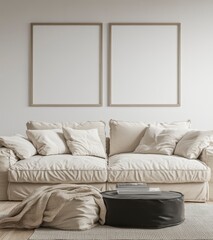 A beige couch with pillows and a throw blanket sits in a minimalist living room with two empty frames and a dark round ottoman. Soft natural light