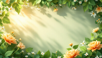 Obraz premium Sunlit Peach Dahlias and White Blossoms Frame a Green Background