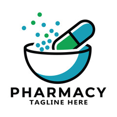 Modern Pharmacy Logo Featuring Mortar and Pestle with Pills