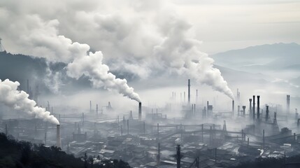 Densely populated cityscape with skyscrapers and high rise buildings shrouded in thick hazy industrial smog and air pollution creating an eerie and ominous atmosphere