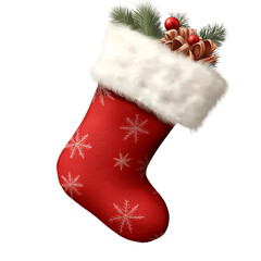 Festive red stocking adorned with snowflakes and winter greenery against a transparent background for holiday decor