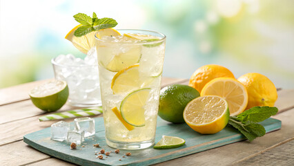 Fototapeta premium Refreshing Citrus Drink with Ice, Lemons, Limes and Mint Leaves