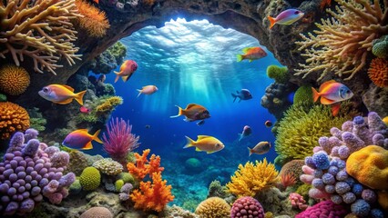 Fototapeta premium Vibrant Coral Reef with Colorful Fish and Underwater Sunlight