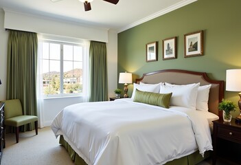 Luxury Hotel Room: Santa Monica Proper Style, Sage Green Accents, Bright White Walls, Californian Design. Sophisticated & Elegant!

