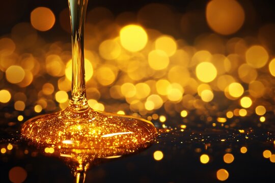 Golden liquid flows down with shiny particles and bokeh lights on a dark background