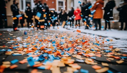 Obraz premium Multicolored confetti scattered on a snowy cobblestone street, with blurred figures of people celebrating in the background. The scene is lively and