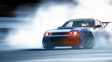 Dynamic Drifting Car with Blurred Smoke Trails on Speed Track, Burning Tires Leaving Thick Smoke in High-Speed Motion
