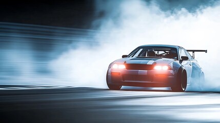 Dynamic Drifting Car with Blurred Smoke Trails on Speed Track, Burning Tires Leaving Thick Smoke in High-Speed Motion
