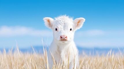 Fototapeta premium White calf in field, sunny day, agriculture