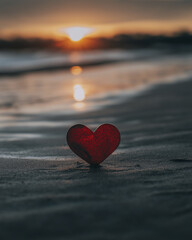 Fototapeta premium red heart shaped object rests on sand at sunset, evoking love and tranquility