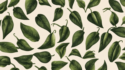 A lush pattern of dark green pepper leaves, artfully arranged against a light beige background.  The detailed illustration evokes a sense of natural beauty and tranquility.