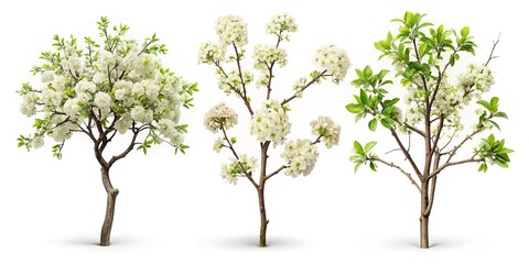 Obraz premium Blooming Apple, Plum & Pear Tree Branches: Double Exposure Top View, Isolated on White