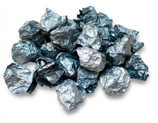 Pile of crumpled metallic gray rocks or pebbles with a shadow, isolated on white background. Close up view of the texture and irregular shapes