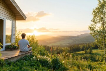 Photo from the back of man watches the sunset while sitting on the veranda of a wooden house, surrounded by greenery. Concept: natural harmony, slow living, Therapeutic Laziness