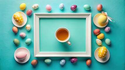 Easter Celebration Banner: Pastel Teacups & Eggs Flat Lay