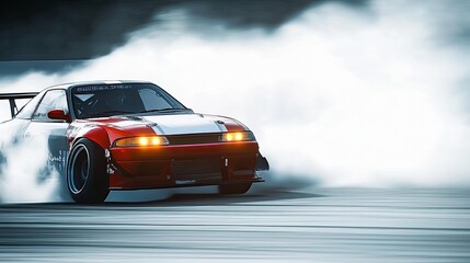 High-Speed Drifting Car with Blurred Smoke Trails on Racing Track, Tires Burning and Leaving Thick Smoke in Dynamic Motion
