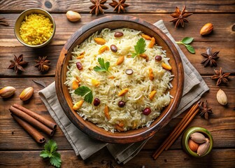 Hyderabadi Pulao: Aromatic Basmati Rice Dish, Top View, Ramadan Eid Festive Food