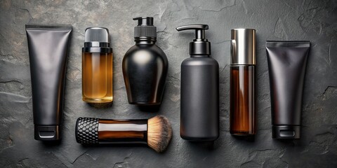 Obraz premium Men's Premium Cosmetics Flat Lay: Shower Gel, Shampoo, Deodorant & Serum on Stone