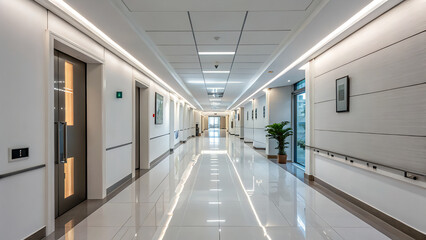 Modern Hospital Corridor with Bright Lighting and Clean Design