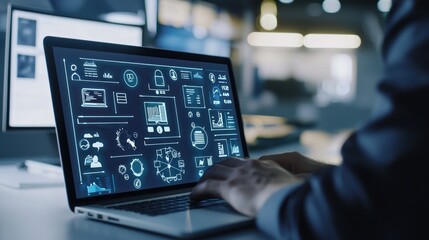 Fototapeta premium Man Using Laptop with Blue Data Interface at Night