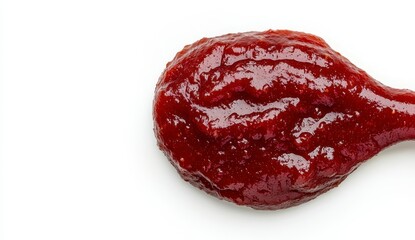 Obraz premium Close up view of a dollop of dark red, glistening sauce or jam on a spoon against a bright white background. The sauce has a slightly textured