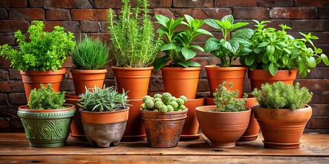 Sun-drenched Terracotta Pots Amidst Lush Herbs in a Rustic Landscape