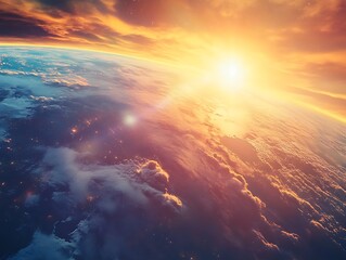 Fototapeta premium A beautiful sunrise casting golden light over the Earth's horizon as seen from space, with glowing city lights and atmospheric details creating a breathtaking view.