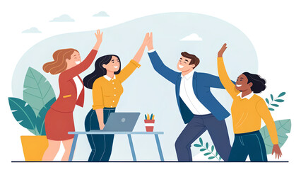Team Celebration with High-Five Gesture in a Modern Office Setting