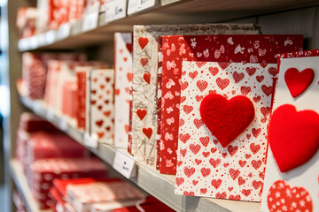 Colorful heart cards displayed on a shelf in a cozy store during the Valentine's season