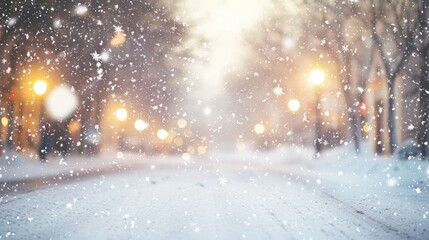 Snowflakes gently falling from the sky, covering a city street in a soft white layer