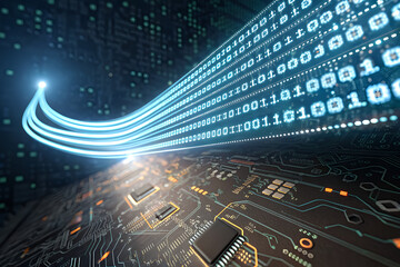Futuristic Digital Data Flow with Circuit Board and Binary Codes