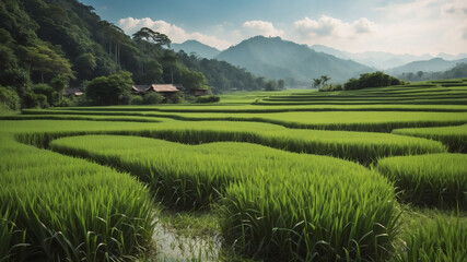 Lush green rice paddies stretch across a valley, nestled between mountains under a vibrant sky.