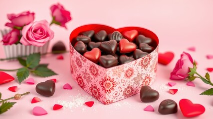 Open Valentine chocolate box with glossy candies and soft pastel backdrop and copy space