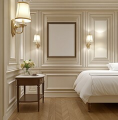 Elegant bedroom interior with cream paneled walls, a dark wood nightstand, and a white bed with crisp linens. A framed picture hangs centrally on the