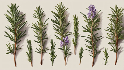 Fototapeta premium A botanical illustration showcasing various sizes and stages of rosemary sprigs, some in bloom with delicate purple flowers.