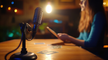 microphone on stand with tarot cards in cozy setting during podcast