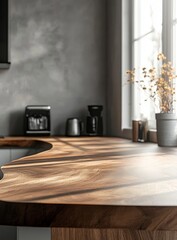 Modern kitchen countertop with wood grain.